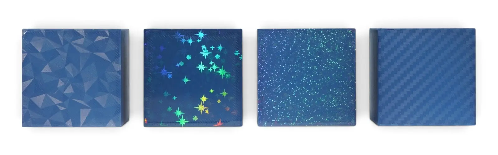 Exemples de finitions diamant, étoilée, galaxie et fibre de carbone disponibles en impression 3D chez ECU3D